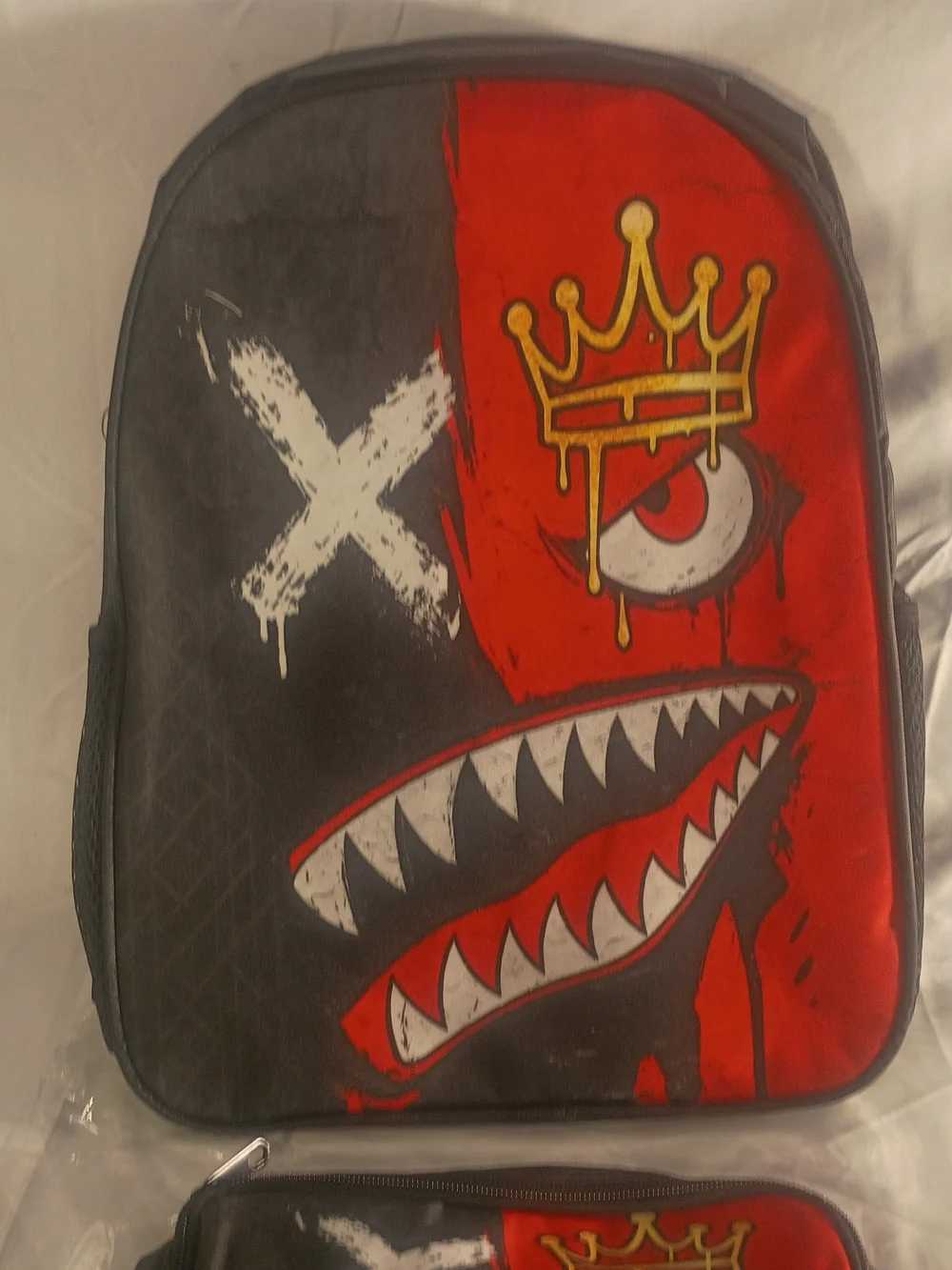 Graphic Shark Face Backpack with Crown and X Design - Black & Red
